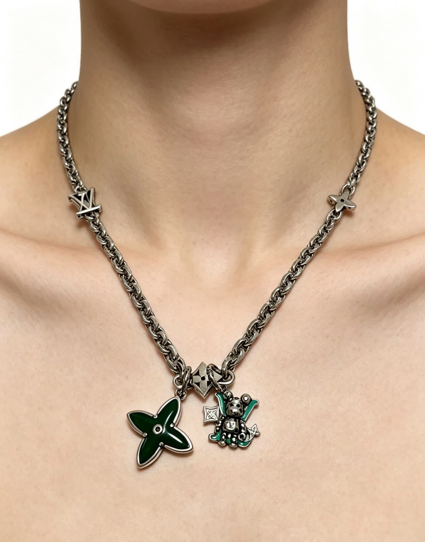 Louis Vuitton Silver Chain Necklace with Green Flower and Monogram Motif